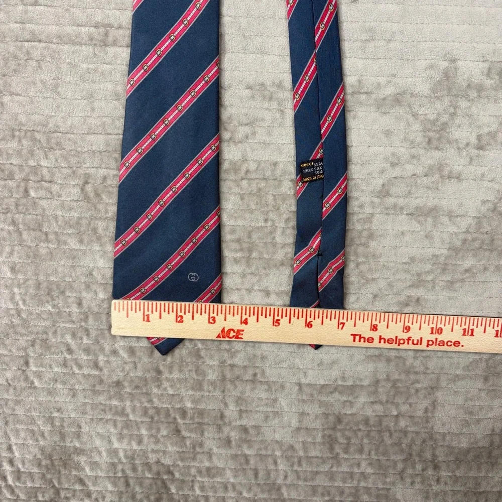 Gucci Mens Silk Tie Navy Blue‎ Red White Striped Equestrian Buckle Made in Italy